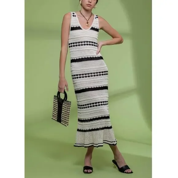 New $249 JOIE Crochet Knit Midi Dress Sleeveless Striped Ivory Coastal Chic M - Picture 15 of 15